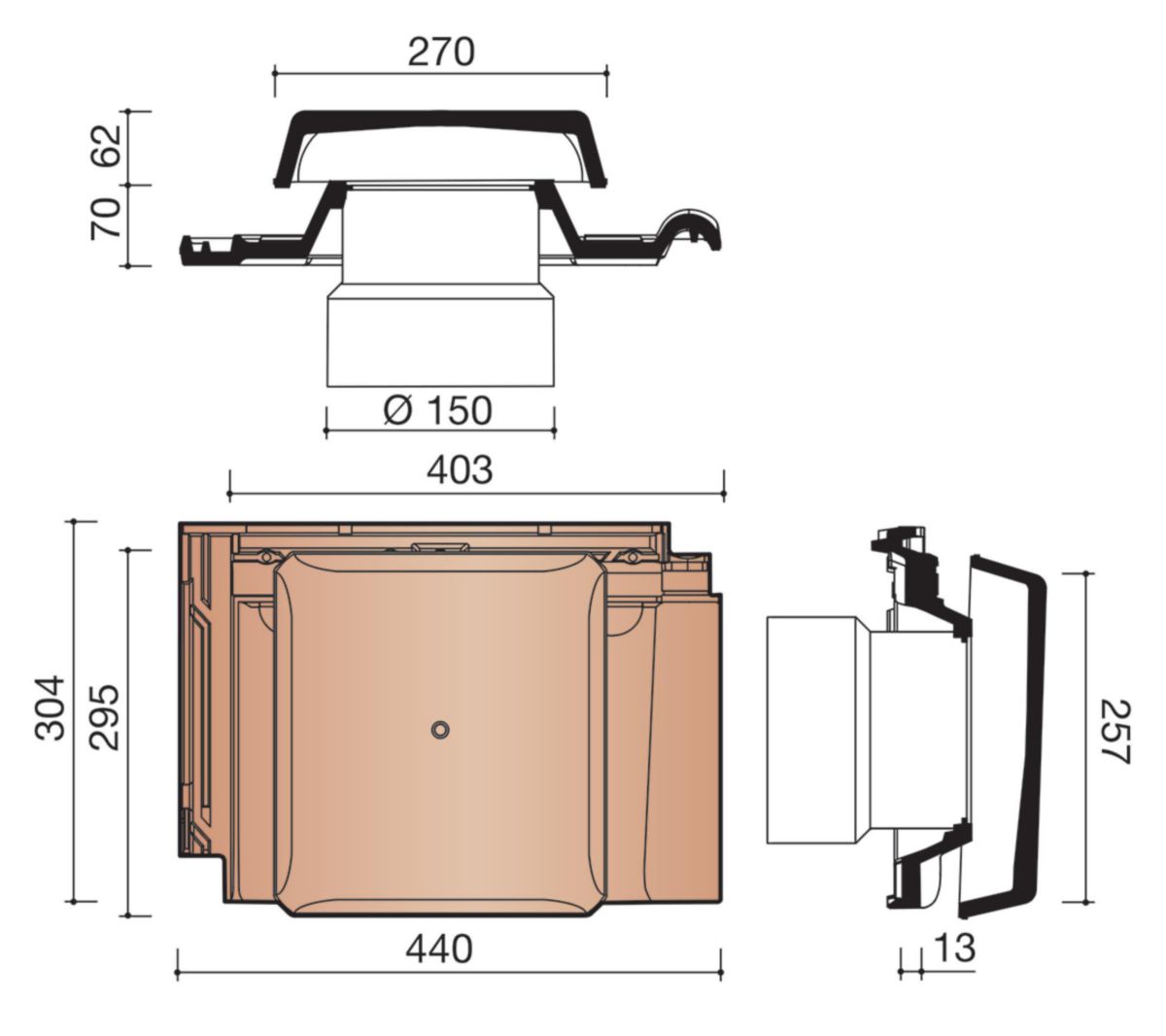 Kit De Raccordement Vmc Pour Tuile à Douille KORAMIC - Kit tuile à douille diamètre 150 mm (connexion + chapeau) Anthracite pour Opalys BOPA8729 | Asturienne